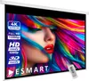 A projection screen displaying a vibrant image of a woman's face with colorful hair, along with text indicating resolution and brand. Produktbild-Vorschau
