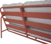 Close-up view of the back of a two-seater garden bench with terracotta metal frame and beige cushions. Podgląd zdjęcia produktu