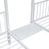 A close-up view of a white metal bunk bed frame, showing a shelf and part of the bed structure. Produktbild-Vorschau