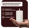 A hand holding a white LED candle with a flame, next to marketing text and icons. Podgląd zdjęcia produktu