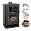 A diagram of a black wood-burning stove with dimensions and icons indicating heating area and fuel type. Produktbild-Vorschau