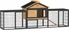 A product shot of a multi-level rabbit hutch with attached outdoor runs. Produktbild-Vorschau