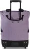 The back view of a purple rolling suitcase with black accents and wheels. Podgląd zdjęcia produktu