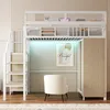 A loft bed with a desk and wardrobe underneath, set in a room with vertical striped wallpaper. Produktbild-Vorschau