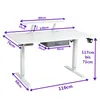 A white adjustable desk with dimensions indicated by purple lines and text. Anteprima dell’immagine prodotto