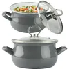 Two views of a gray enamel pot with a glass lid, one with the lid open showing vegetables inside. Podgląd zdjęcia produktu