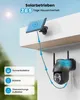 A solar-powered security camera system mounted on a wall, with a solar panel above it. The image illustrates the connection between the solar panel, battery, and camera. Produktbild-Vorschau