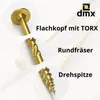 A collage of close-up shots of a screw, highlighting its features, with German text descriptions and a brand logo. Produktbild-Vorschau