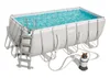 A rectangular above-ground swimming pool filled with blue water, with a ladder and a filter pump system next to it, all set against a white background. Anteprima dell’immagine prodotto
