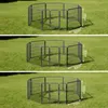 Three images showing different sizes of a metal dog pen on grass, with dimensions indicated. Podgląd zdjęcia produktu