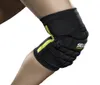 A close-up shot of a person's knee wearing a black and yellow knee brace. Produktbild-Vorschau