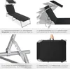 A collage of four images showcasing a black foldable garden lounger with a sunshade. Náhled obrázku produktu