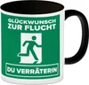 Glückwunsch zur Flucht du Verräterin Kaffeebecher Schwarz Produktbild-Vorschau 1