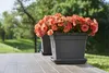 Two dark gray square planters filled with vibrant orange petunias sit on a wooden deck outdoors, with a blurred green landscape in the background. Voir les images du produit