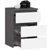 A three-drawer nightstand with a gray exterior and white drawer fronts, shown against a white background. A camera and a small white bowl are placed on top. Produktbild-Vorschau