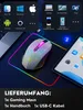 A gaming mouse with RGB lighting is shown on a mousepad, with various electronic devices and operating system icons in the background, suggesting compatibility. The bottom of the image lists the package contents. Produktbild-Vorschau