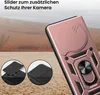 A rose gold phone case with a ring holder and camera slider, shown against a desert-like background with two inset images demonstrating the camera slider feature. Produktbild-Vorschau