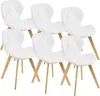 A set of six white dining chairs with wooden legs arranged in rows. Náhled obrázku produktu