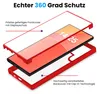 Exploded view of a phone case showing its three parts: front cover with screen protector, phone, and back cover. Produktbild-Vorschau