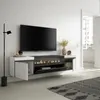 A modern living room setup with a wall-mounted TV stand featuring an electric fireplace. Produktbild-Vorschau