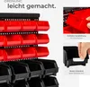 A display of red and black storage bins on a wall-mounted rack, with close-up shots demonstrating features. Produktbild-Vorschau