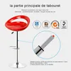 A red bar stool with a close-up of its height adjustment mechanism, surrounded by marketing icons and text. Produktbild-Vorschau