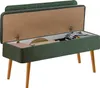 A green storage bench with its lid open, revealing items inside. Produktbild-Vorschau