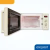 An open cream-colored retro microwave with its interior visible, set against a white background. The microwave has a digital display showing '12:08' and control knobs. Produktbild-Vorschau
