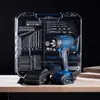 A blue and black cordless drill with a charger and a large case of drill bits and accessories is displayed on a wooden surface against a dark background. Voir les images du produit