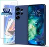 A blue phone case and screen protector are displayed next to a smartphone. Produktbild-Vorschau