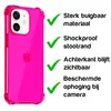 A neon pink iPhone case with descriptive text and checkmarks highlighting its features. Produktbild-Vorschau