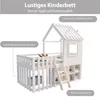 A white wooden children's bed with a house-like structure and a fence. Náhľad obrázku produktu