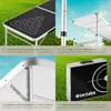 A collage of four images showing different aspects of a folding table, including its surface markings, adjustable legs, construction, and folded state. Náhled obrázku produktu