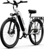 A white electric bicycle with black tires, seat, and handlebars, shown against a white background. Produktbild-Vorschau