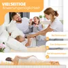 A family is happily interacting in bed, with text overlays highlighting the product's benefits. Produktbild-Vorschau