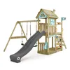 A wooden playground set with a slide, swings, and a climbing wall, set against a white background. Produktbild-Vorschau