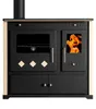 A front view of a wood-burning stove with an oven and a fire visible in a small window. Anteprima dell’immagine prodotto