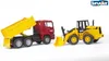 A red dump truck with a yellow bed and a yellow wheel loader are displayed against a white background. Podgląd zdjęcia produktu