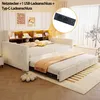 A white sofa bed with an extended trundle bed, featuring a headboard with shelves and integrated lighting. A close-up inset shows a power outlet with USB and Type-C ports. Voir les images du produit