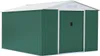 A green metal garden shed with a white roof and white trim around the door. Produktbild-Vorschau