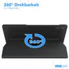 A black tablet case is shown from the back, propped up in a stand position. A blue circular arrow graphic with the text '360°' is overlaid on the case. Produktbild-Vorschau