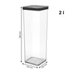 A clear product shot of a transparent storage container with a black lid, featuring dimensions and capacity labels. Produktbild-Vorschau