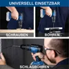 Collage showing a cordless drill being used for screwing, drilling, and hammer drilling, with text labels for each function. Produktbild-Vorschau