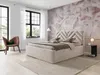 A bedroom scene with a bed, chair, and decorative wallpaper. Náhled obrázku produktu