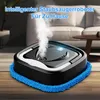A robotic vacuum cleaner with a mopping pad is shown in a living room setting, emitting steam. Produktbild-Vorschau