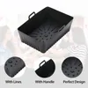 A black silicone air fryer liner is shown with three close-up views highlighting its features. In the background, blurred images of people enjoying a meal suggest a social setting. Produktbild-Vorschau