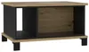 Couchtisch TRONDHEIM in Gesamtansicht mit Holzplatte in Artisan-Eiche-Optik, schwarzem Unterschrank und offenen Fächern. Anteprima dell’immagine prodotto