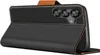 A black flip case for a smartphone is shown from a side angle, with the front cover open. Produktbild-Vorschau