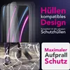 Marketing image showing a phone screen protector with text highlighting its features and a lifestyle shot of a phone dropped on a cracked surface. Produktbild-Vorschau
