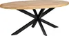 An oval wooden dining table with a black metal starburst base, isolated on a white background. Voir les images du produit